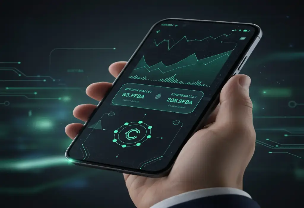app Smartphone con aplicación de criptomonedas en pantalla