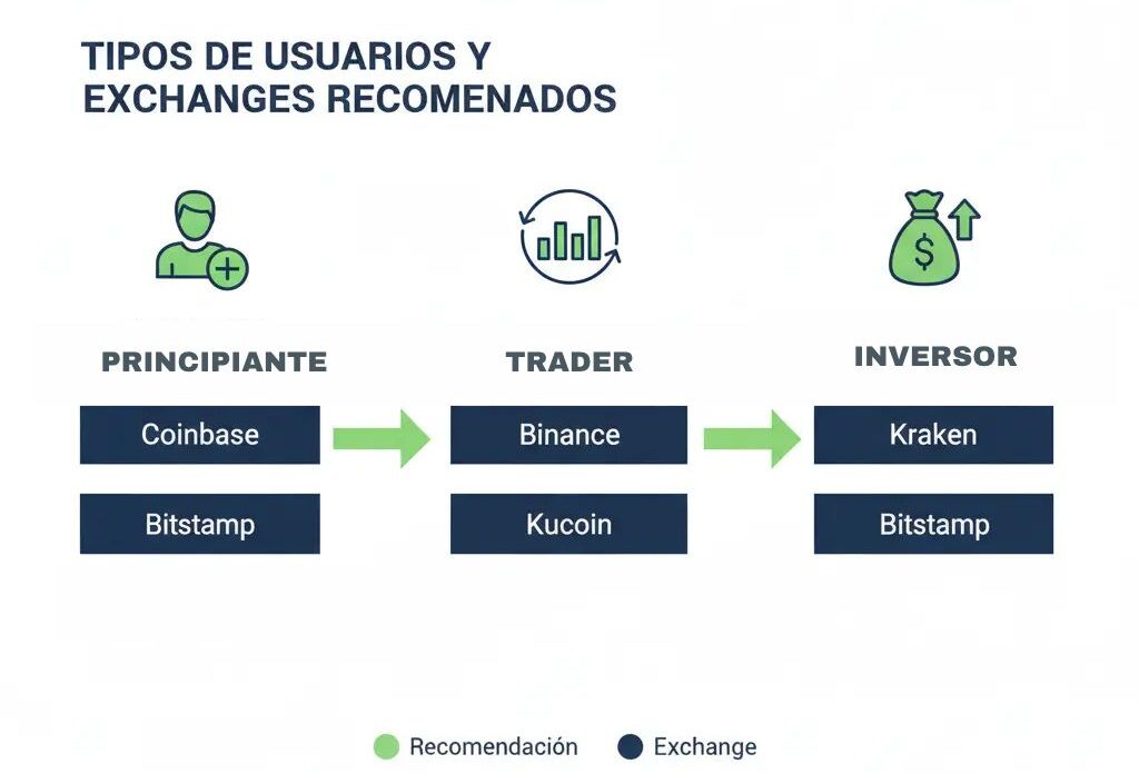 Mejores Exchanges Cripto 2025 2 Infografía comparativa tipos de usuario y exchange recomendado