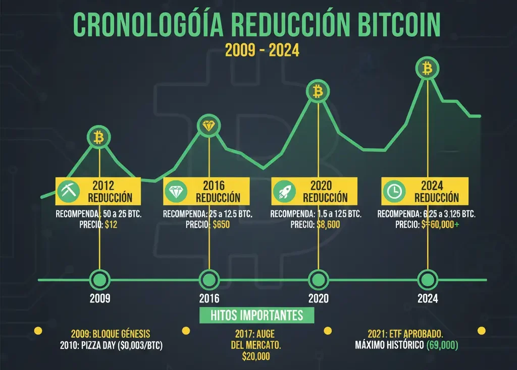 qué es el halving Bitcoin 4 Línea temporal visual de halvings Bitcoin 2009-2024