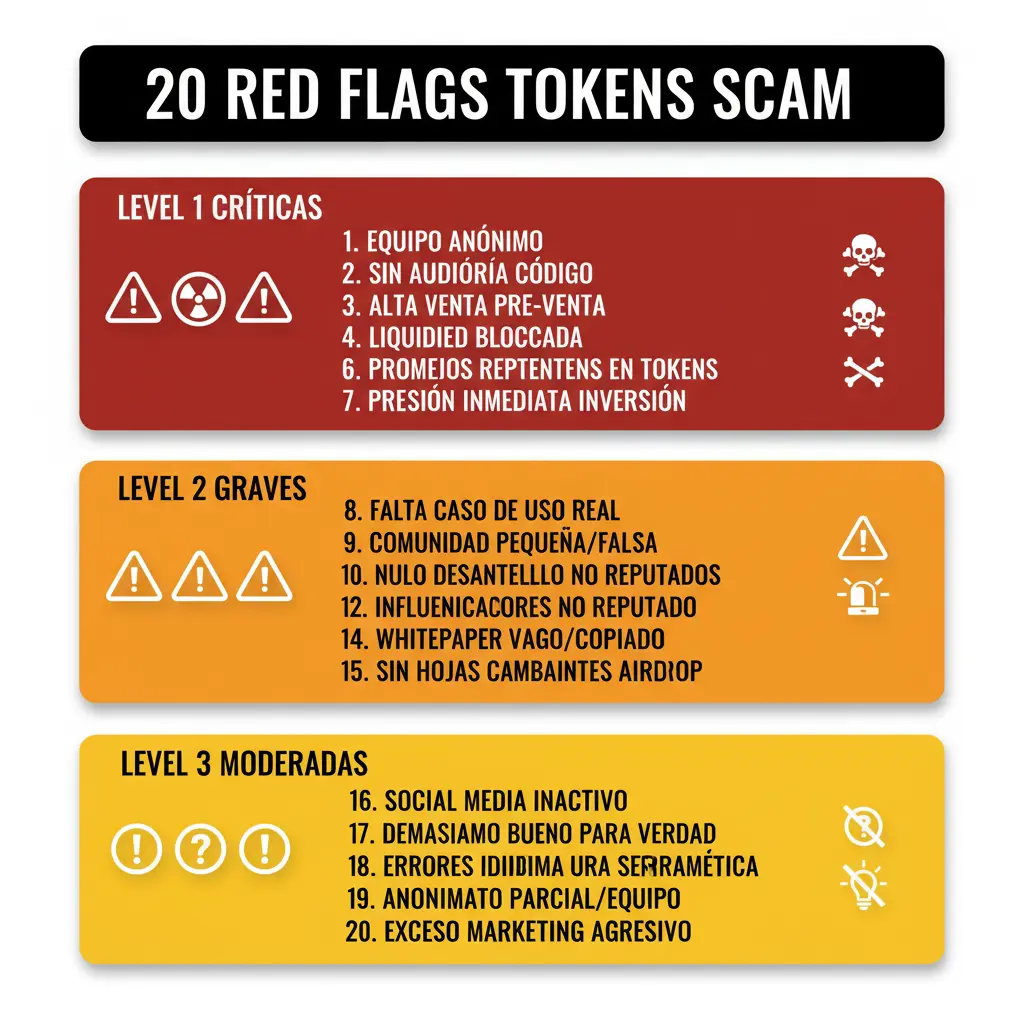 Cómo Auditar Token cripto 7 Infografía 20 red flags con iconos