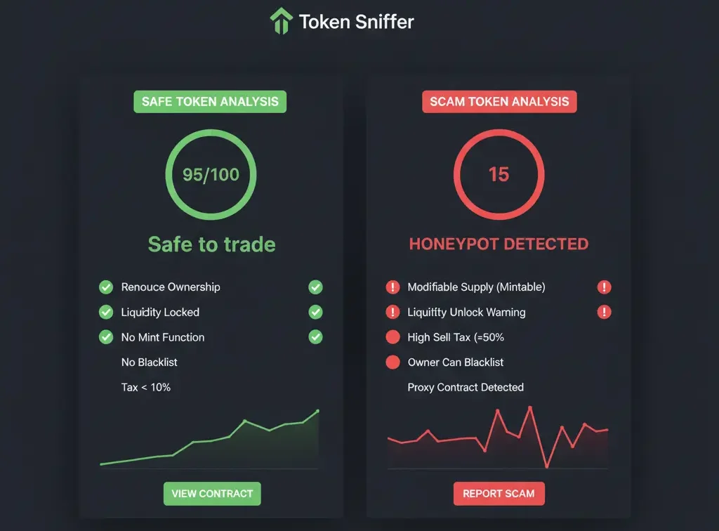 Cómo Auditar Token cripto 6 Captura Token Sniffer seguro vs peligroso