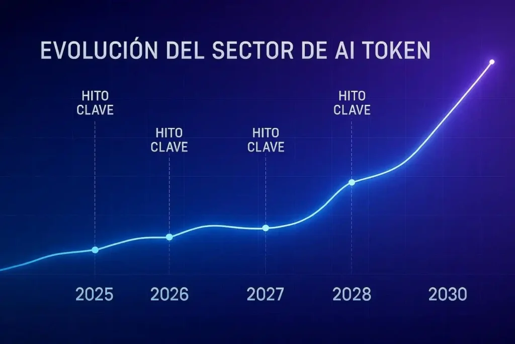 L&iacute;nea de tiempo 2025-2030 mostrando evoluci&oacute;n del sector tokens IA