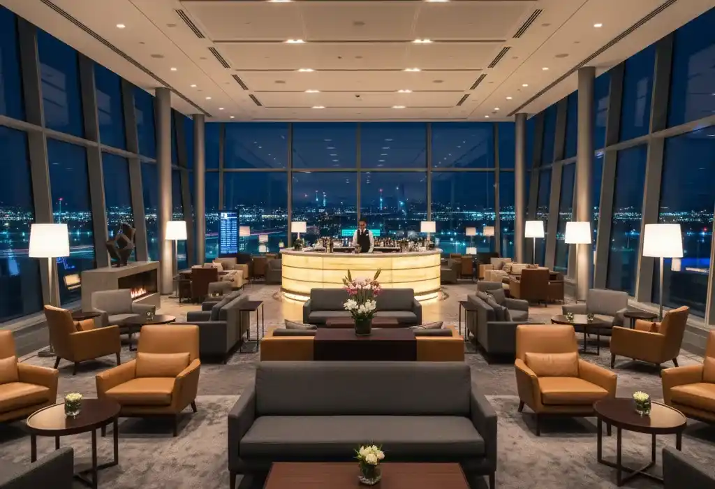 Airport VIP lounge access, luxury waiting area