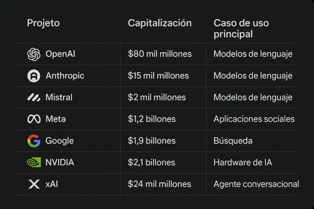 Tabla comparativa con logos de 7 proyectos IA