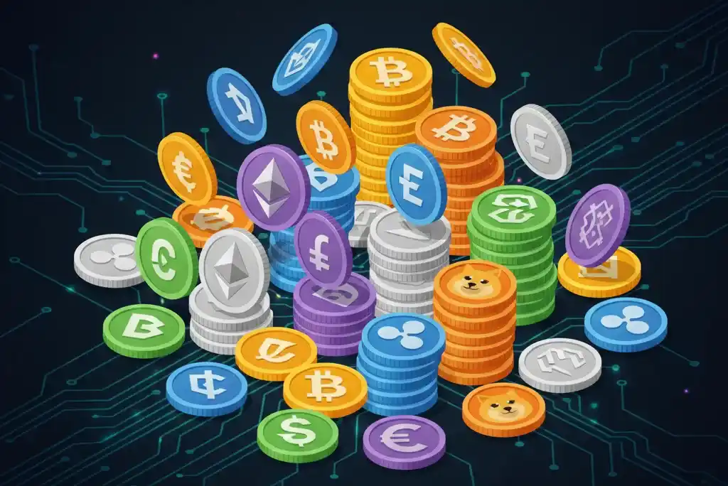 imagen conceptual de m&uacute;ltiples altcoins y tokens