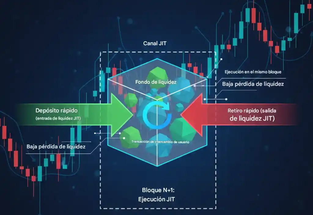 Ilustraci&oacute;n conceptual de un JIT (Just-in-Time) Channel en un DEX