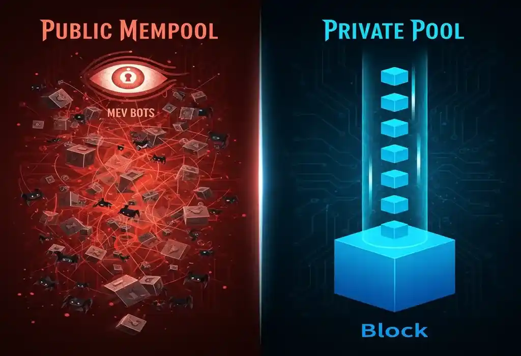 ilustraci&oacute;n comparativa entre Private Transaction Pool y public mempool