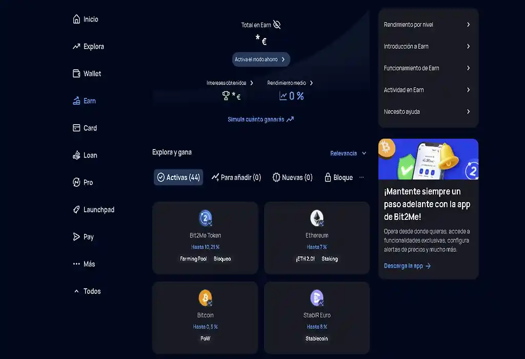 Bit2Me Earn — staking y rendimientos pasivos