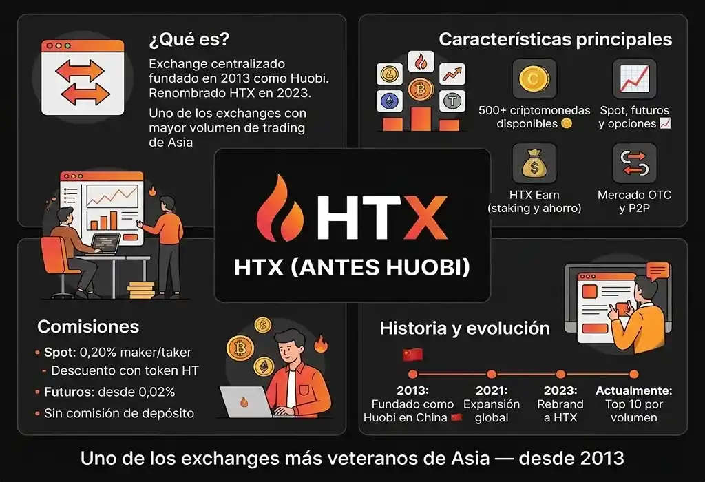 infograf&iacute;a conceptual de el exchange HTX (anteriormente llamado Huobi)