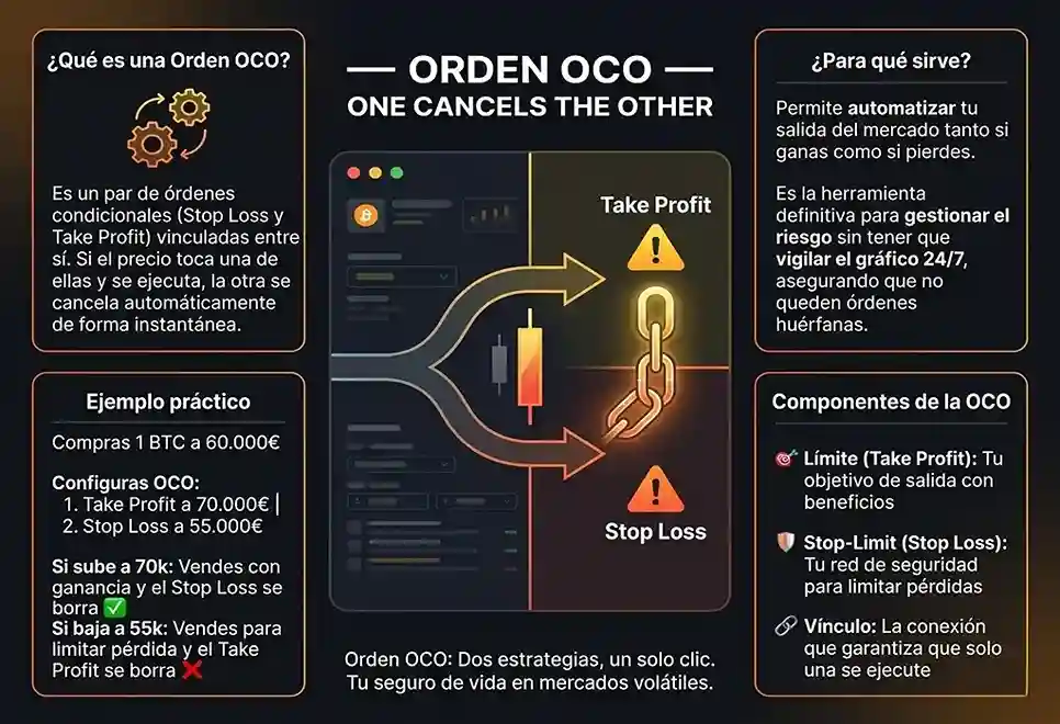 infograf&iacute;a conceptual de el t&eacute;rmino Orden OCO (One-Cancels-the-Other)