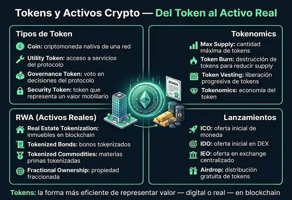 infografía conceptual de el directorio de términos Tokens y Activos Crypto