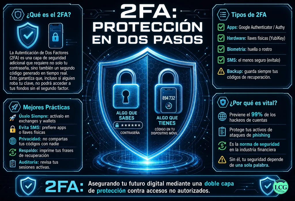 Infograf&iacute;a explicativa sobre 2Fa en blockchain y crypto
