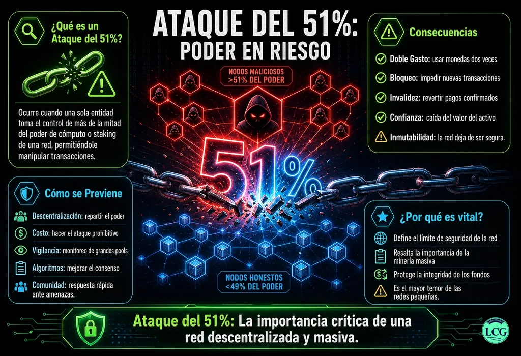 Infograf&iacute;a explicativa sobre 51 Attack en blockchain y crypto