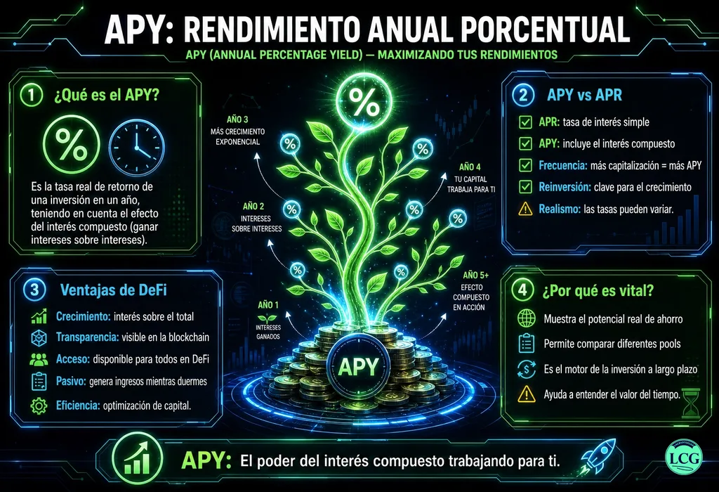 Infograf&iacute;a explicativa sobre Apy en blockchain y crypto