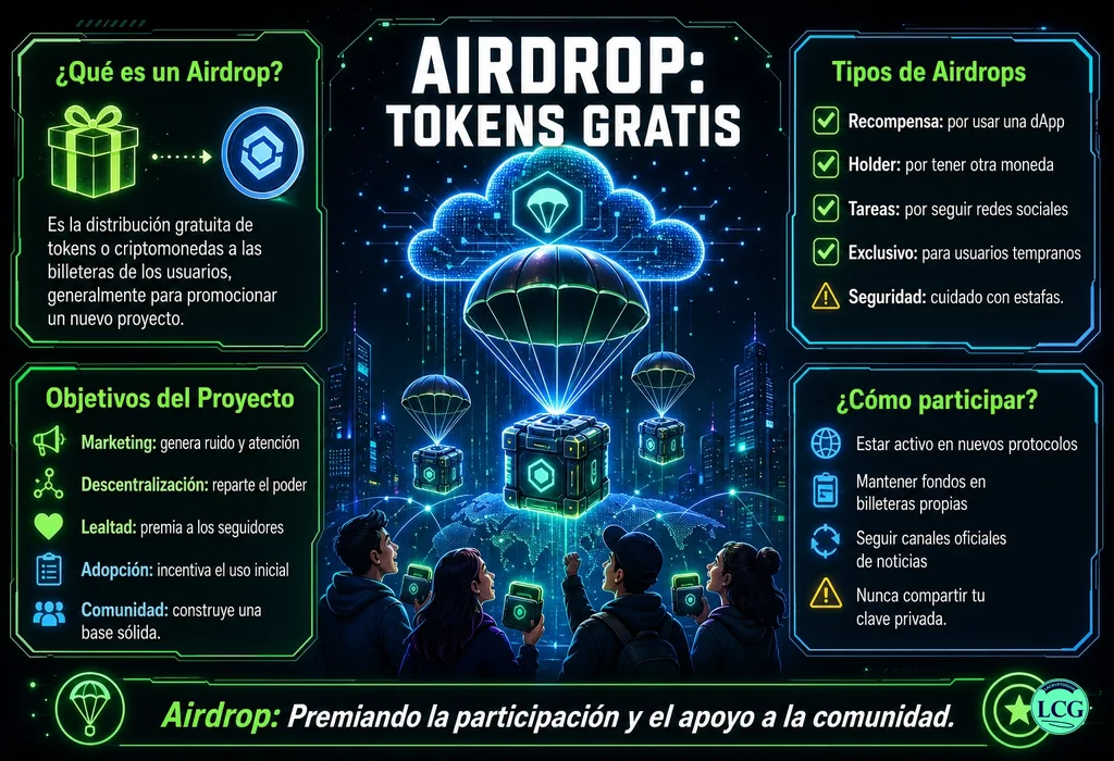 Infograf&iacute;a explicativa sobre Airdrop en blockchain y crypto