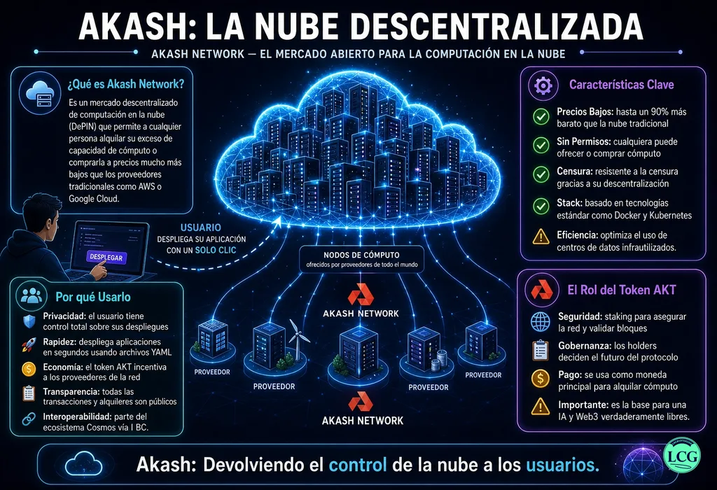 Infograf&iacute;a explicativa sobre Akash Network en blockchain y crypto