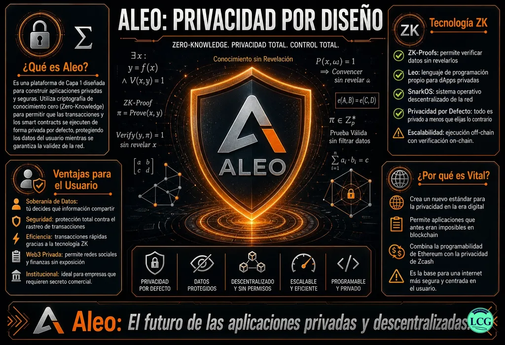 Infograf&iacute;a explicativa sobre Aleo en blockchain y crypto