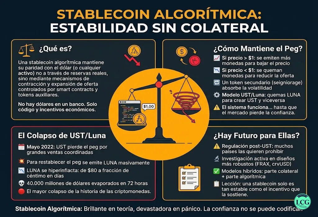 Infograf&iacute;a explicativa sobre Algorithmic Stablecoin en blockchain y crypto