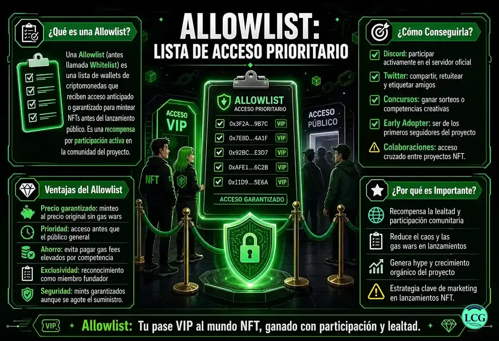 Infografía explicativa sobre Allowlist en blockchain y crypto