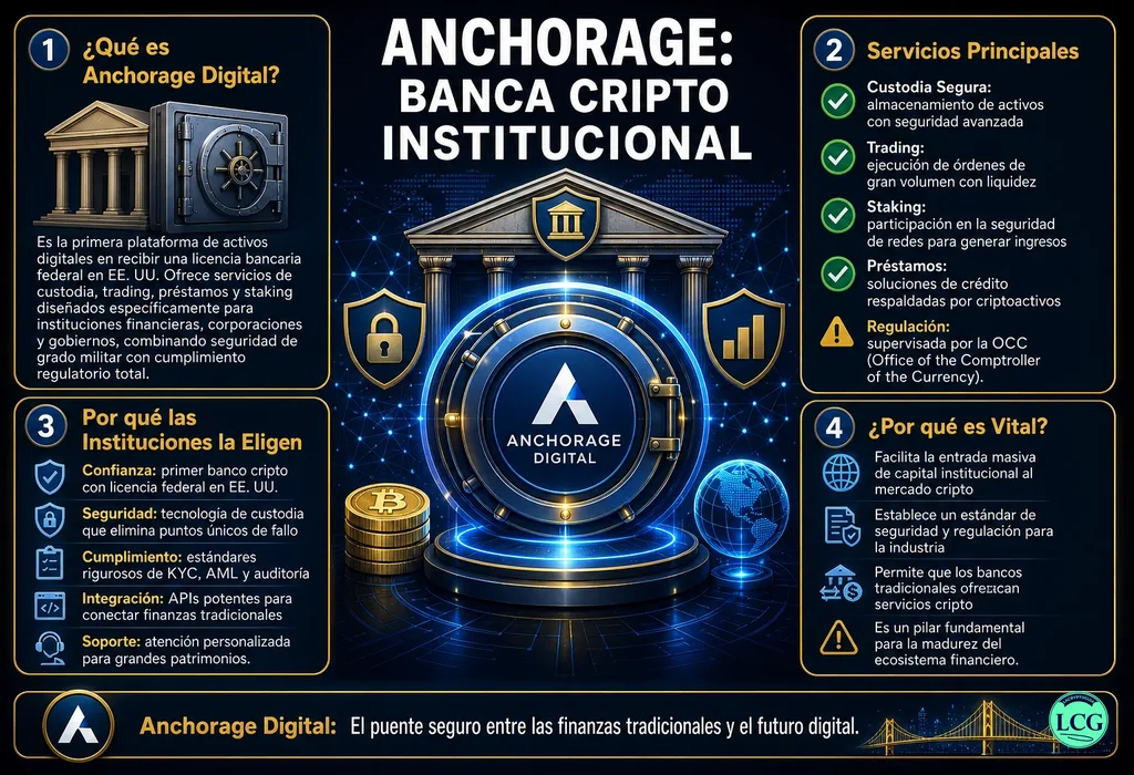 Infograf&iacute;a explicativa sobre Anchorage en blockchain y crypto