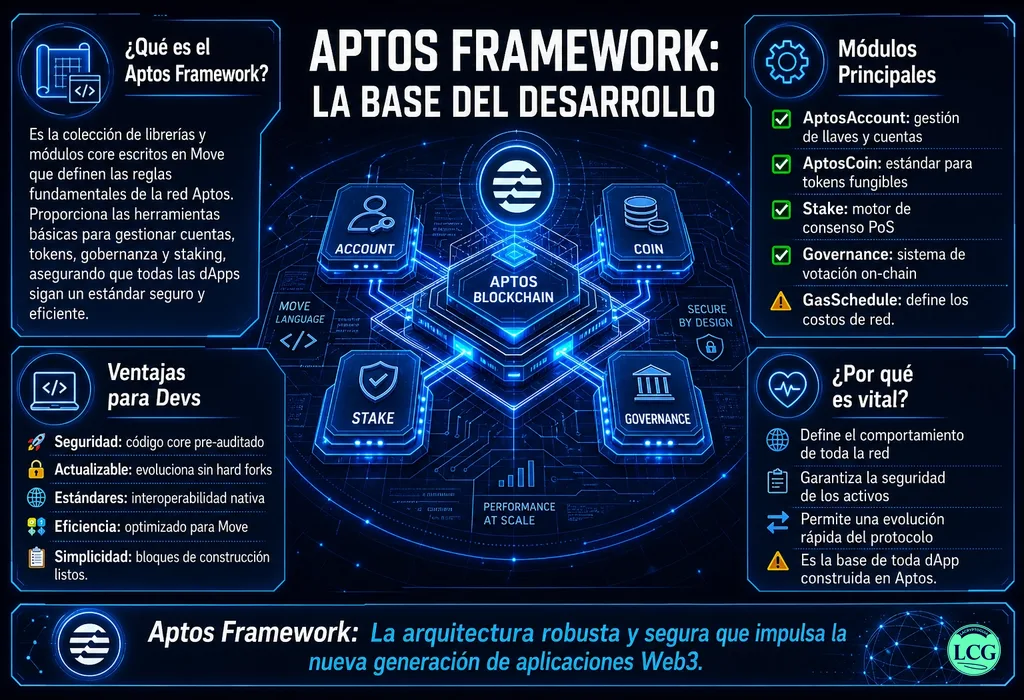 Infograf&iacute;a explicativa sobre Aptos Framework en blockchain y crypto