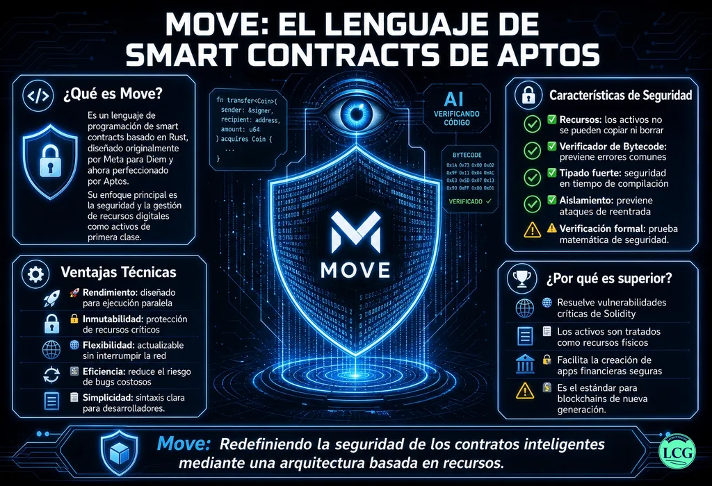 Infograf&iacute;a explicativa sobre Aptos Move Language en blockchain y crypto