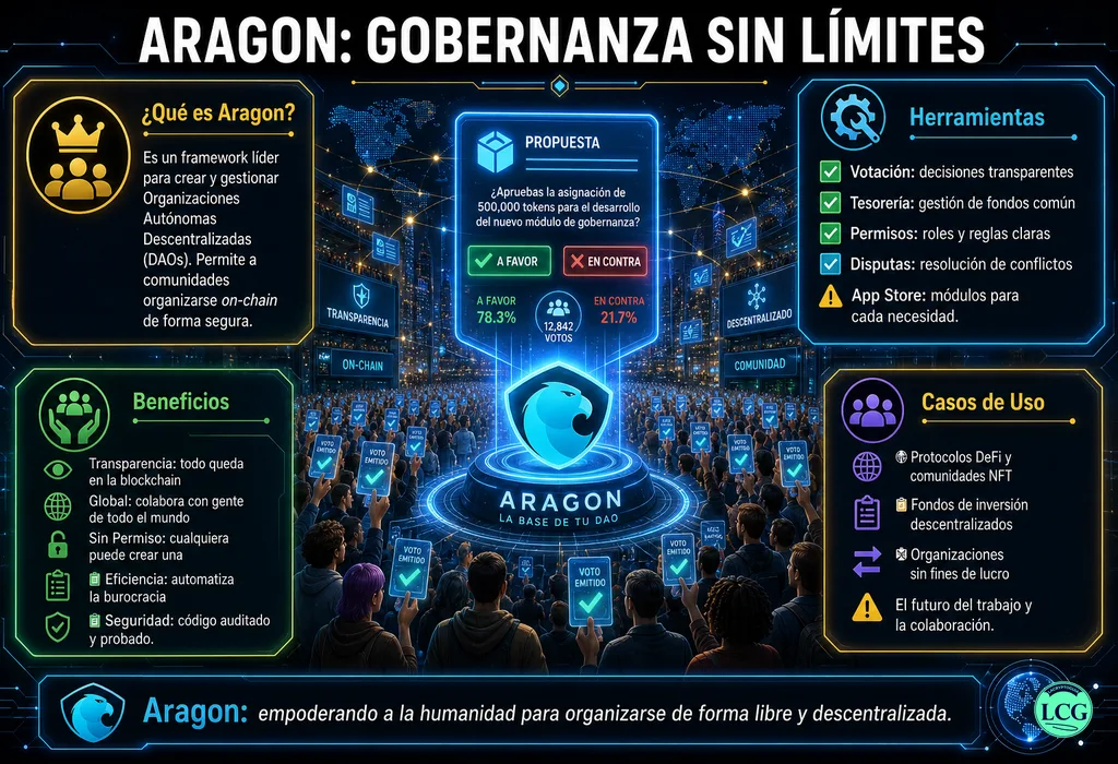 Infograf&iacute;a explicativa sobre Aragon en blockchain y crypto