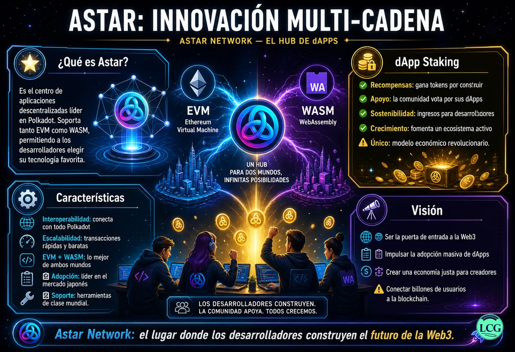 Infograf&iacute;a explicativa sobre Astar Network en blockchain y crypto