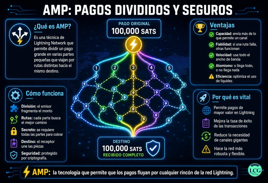 Infograf&iacute;a explicativa sobre Atomic Multipath Payment (Amp) en blockchain y crypto