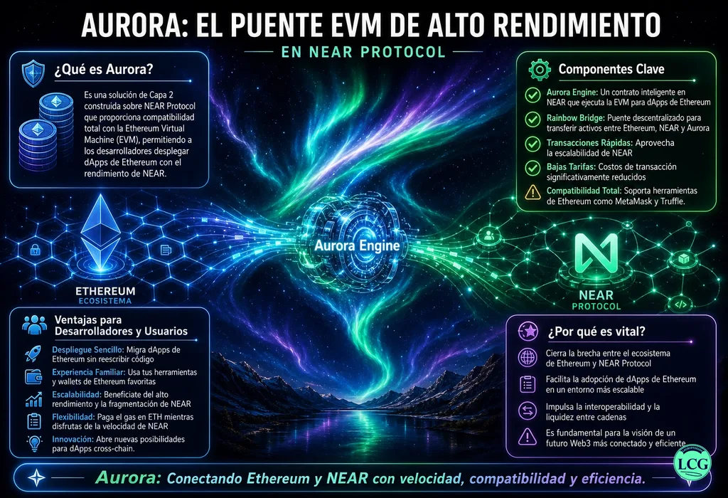 Infograf&iacute;a explicativa sobre Aurora en blockchain y crypto