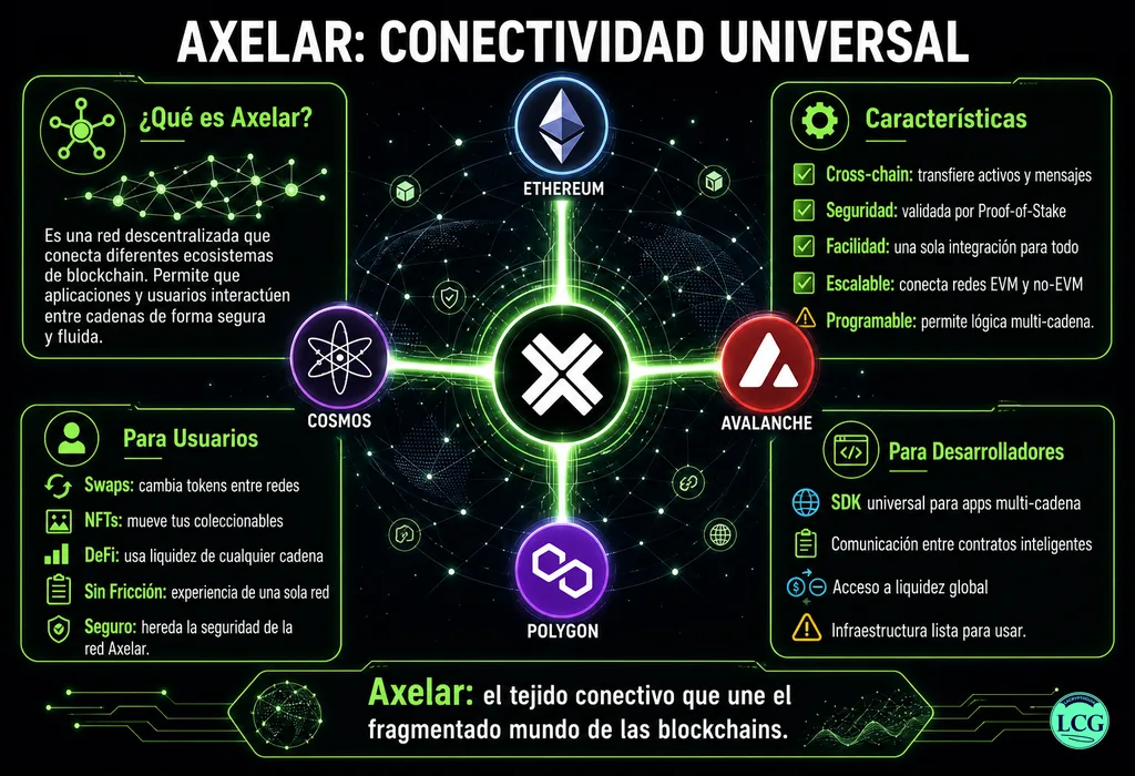 Infograf&iacute;a explicativa sobre Axelar en blockchain y crypto