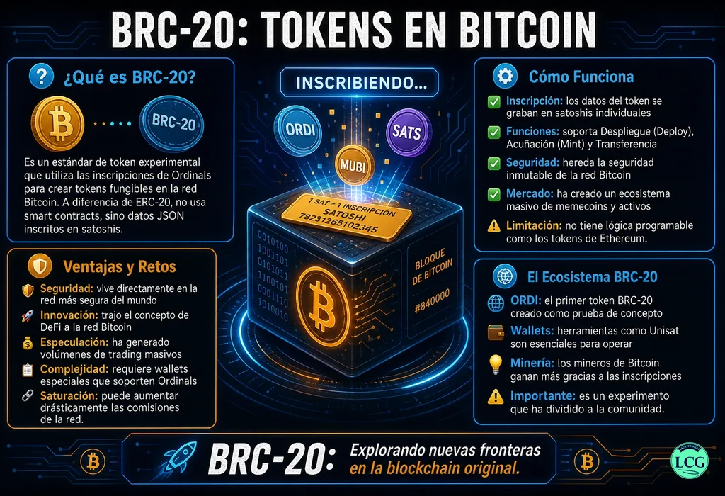 Infograf&iacute;a explicativa sobre Brc 20 en blockchain y crypto