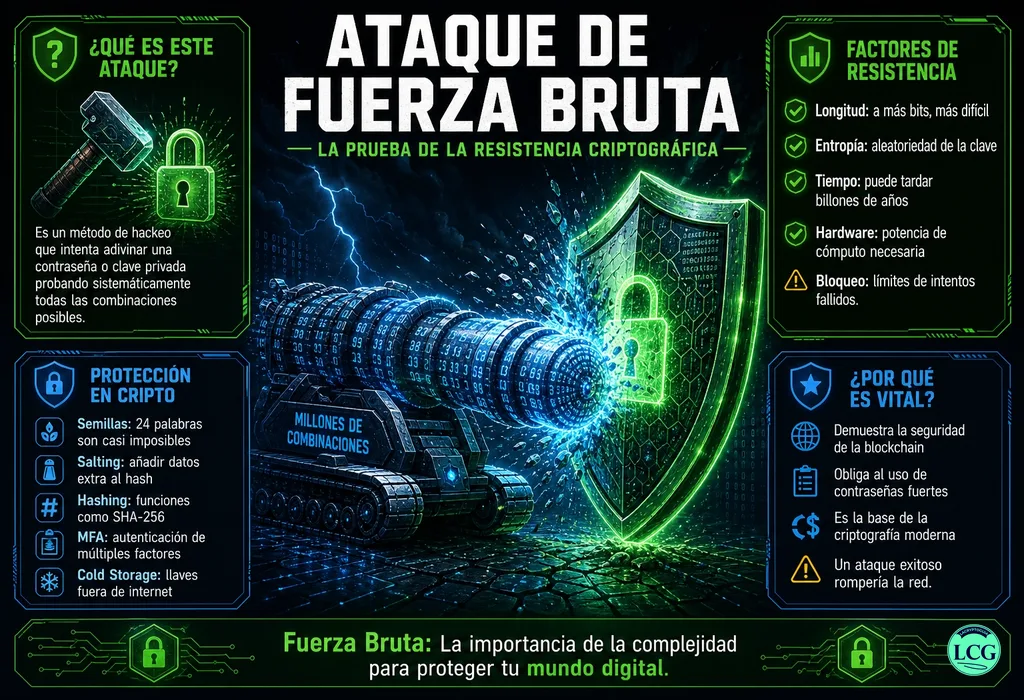 Infograf&iacute;a explicativa sobre Brute Force Attack en blockchain y crypto