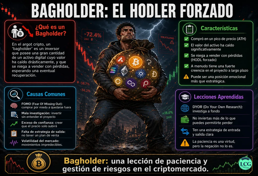 Infograf&iacute;a explicativa sobre Bagholder en blockchain y crypto