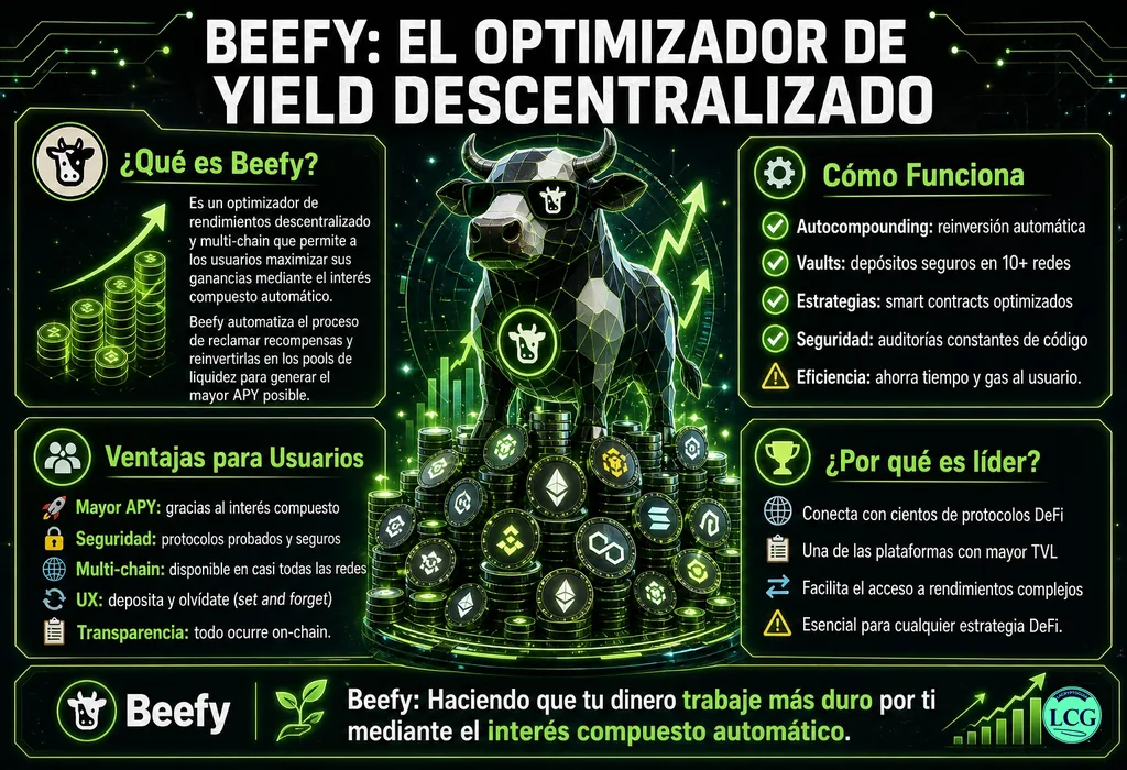 Infograf&iacute;a explicativa sobre Beefy Finance en blockchain y crypto
