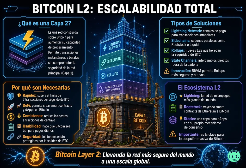Infograf&iacute;a explicativa sobre Bitcoin Layer 2 en blockchain y crypto
