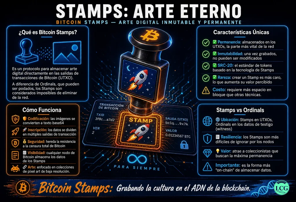 Infograf&iacute;a explicativa sobre Bitcoin Stamps en blockchain y crypto