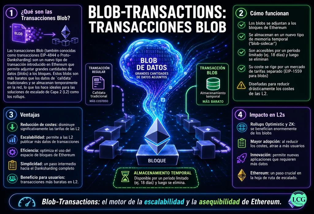 Infograf&iacute;a explicativa sobre Blob Transactions en blockchain y crypto