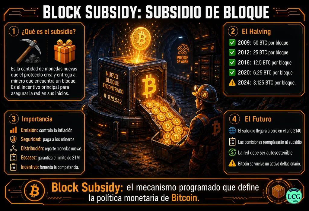 Infograf&iacute;a explicativa sobre Block Subsidy en blockchain y crypto