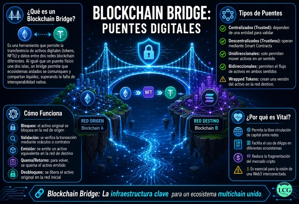 Infograf&iacute;a explicativa sobre Blockchain Bridge en blockchain y crypto