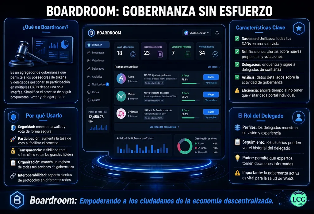 Infograf&iacute;a explicativa sobre Boardroom (Governance) en blockchain y crypto