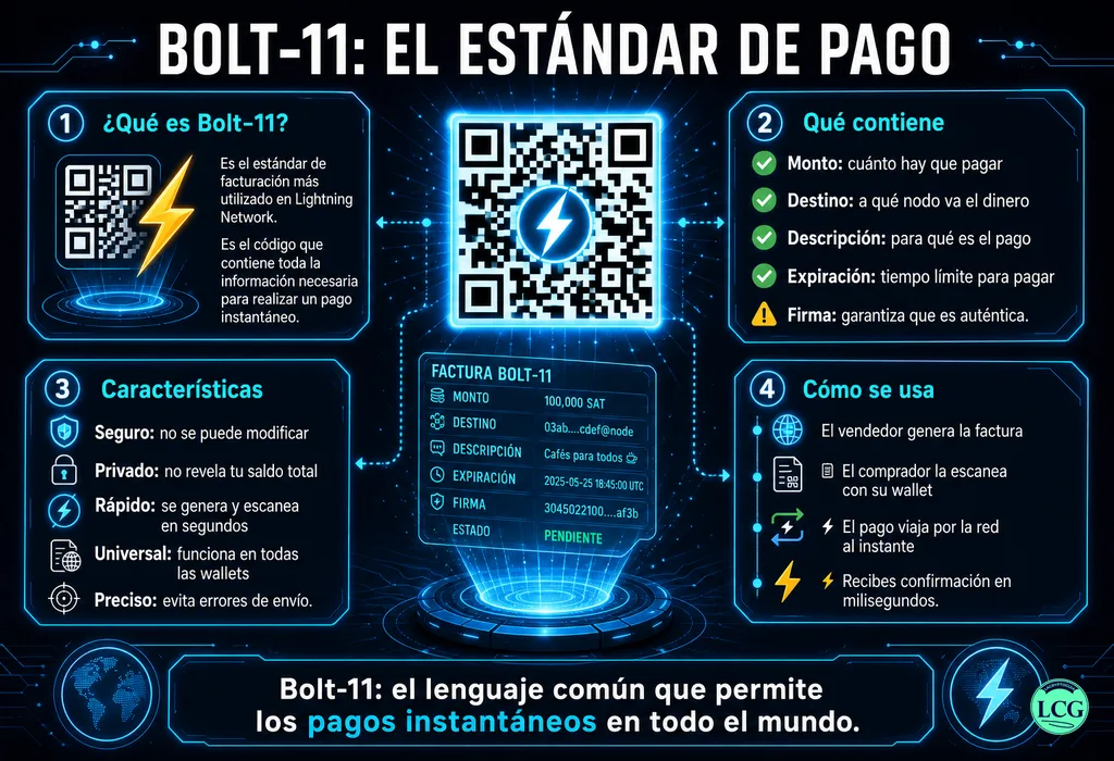 Infograf&iacute;a explicativa sobre Bolt 11 en blockchain y crypto
