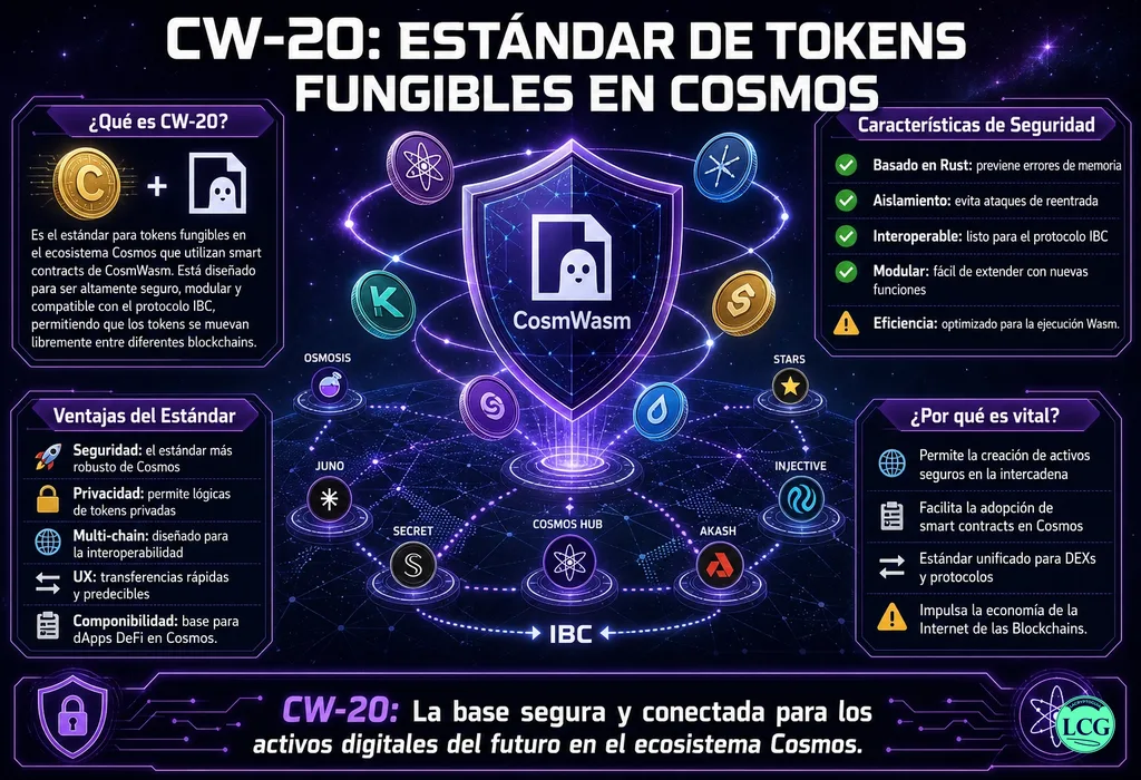 Infograf&iacute;a explicativa sobre Cw 20 en blockchain y crypto