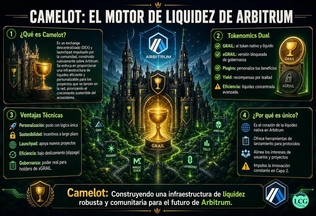 Infograf&iacute;a explicativa sobre Camelot en blockchain y crypto