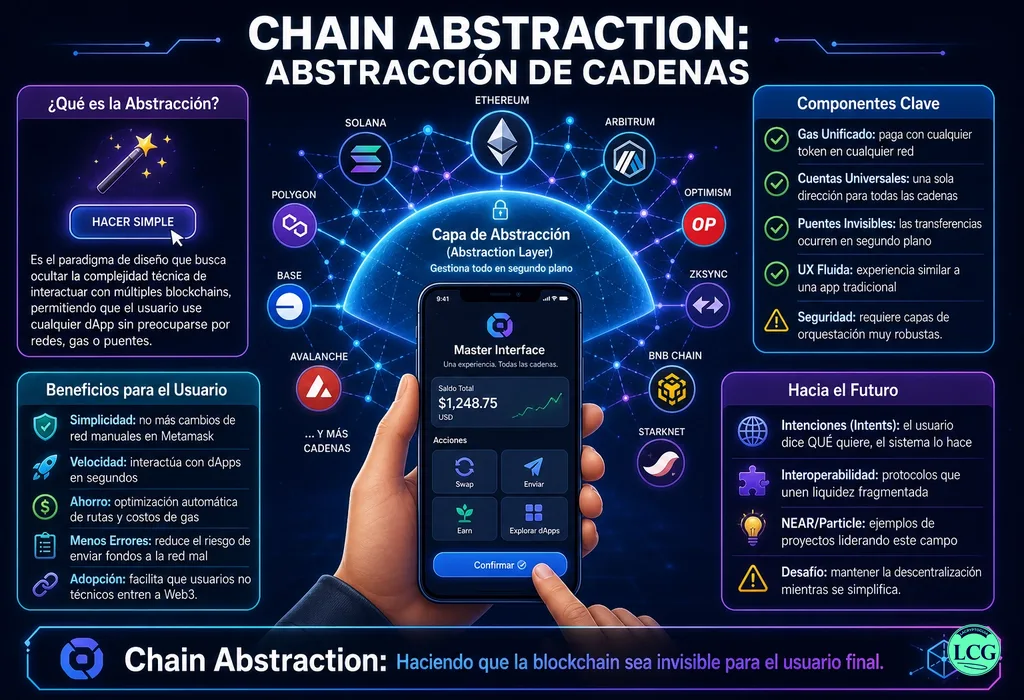 Infograf&iacute;a explicativa sobre Chain Abstraction en blockchain y crypto