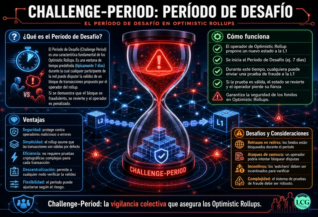 Infograf&iacute;a explicativa sobre Challenge Period en blockchain y crypto