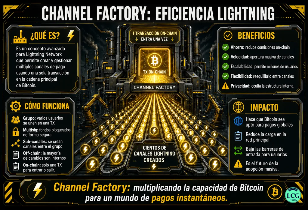 Infograf&iacute;a explicativa sobre Channel Factory en blockchain y crypto