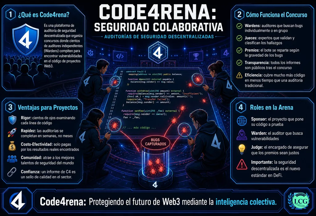 Infograf&iacute;a explicativa sobre Code4Rena en blockchain y crypto