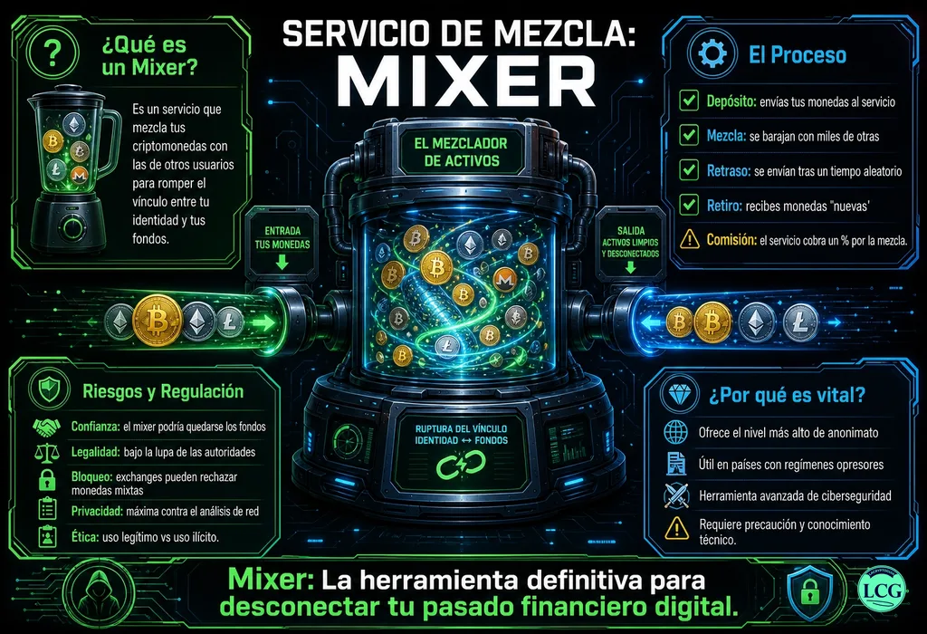 Infograf&iacute;a explicativa sobre Coin Mixing Service en blockchain y crypto