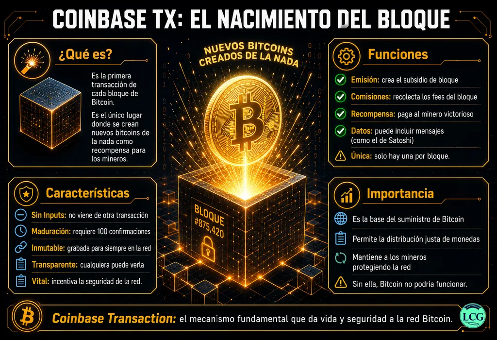 Infograf&iacute;a explicativa sobre Coinbase Transaction en blockchain y crypto